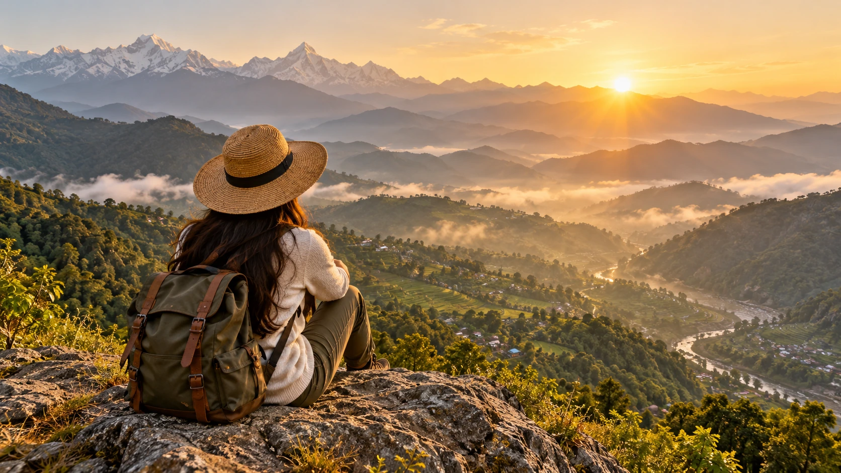 A traveller looking over a sunlit mountain valley