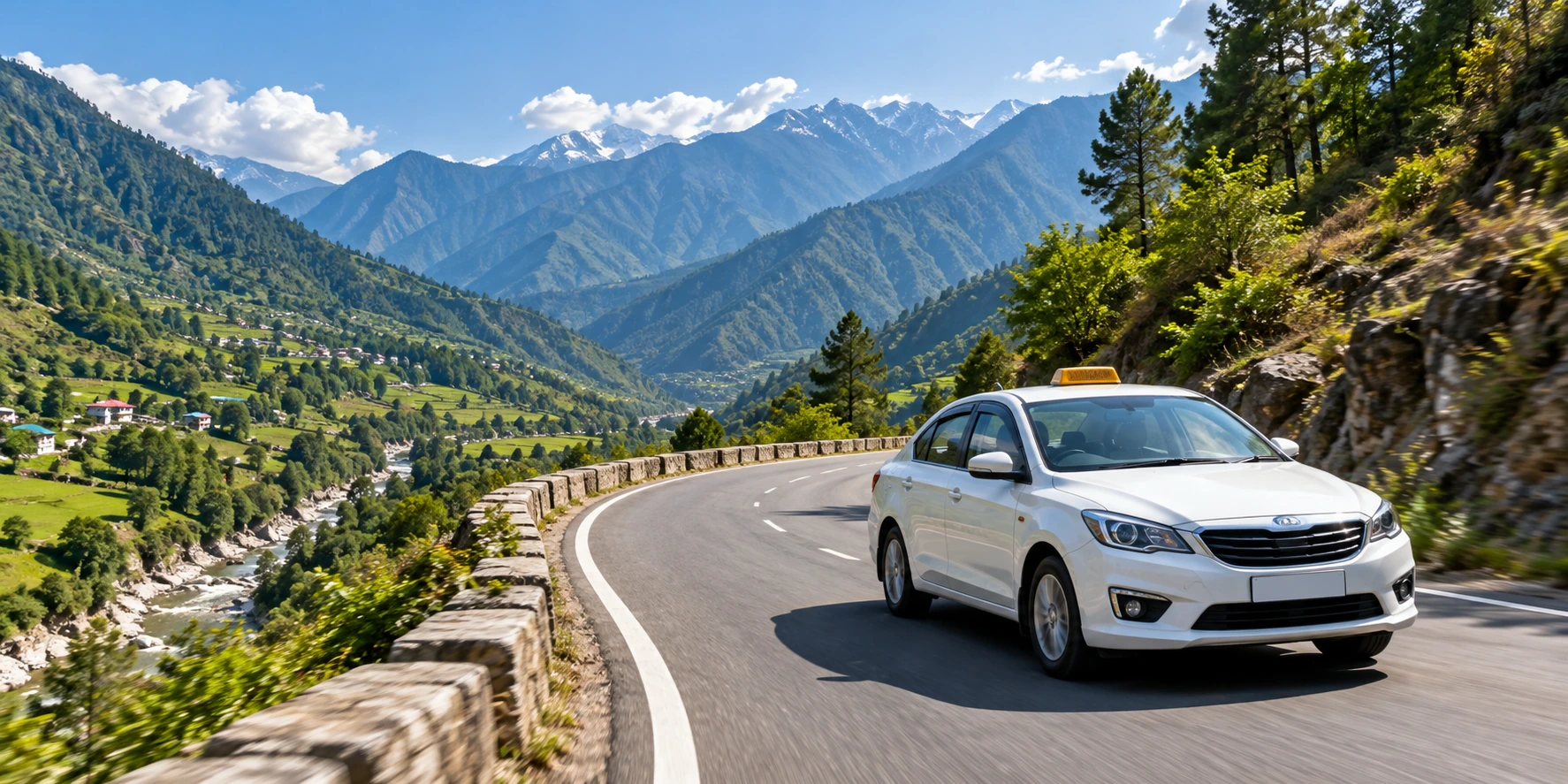 White sedan in a green mountain valley