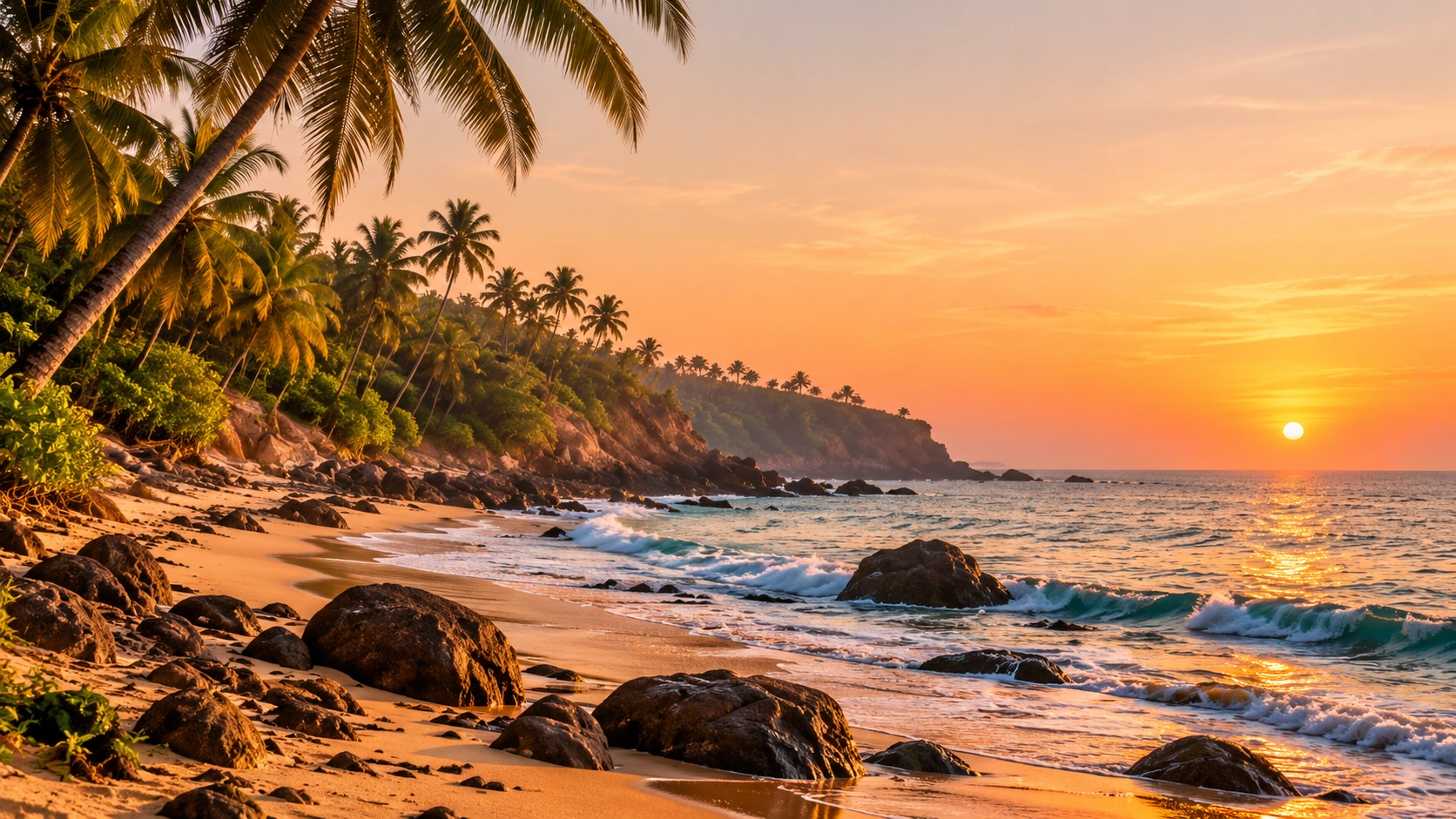 Sunset over a palm-fringed rocky beach in Goa